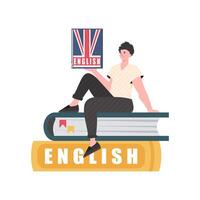 A man sits on books and holds an English dictionary in his hands. The concept of learning English. Isolated. Trendy flat style. . vector
