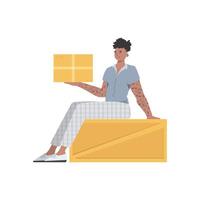 A man is sitting and holding a parcel. Delivery concept. Isolated on white background. trendy style. . vector
