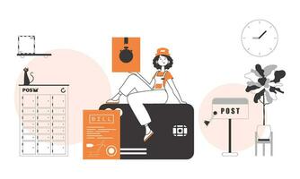 The girl sits on a bank card and holds a parcel. The concept of the delivery of goods and parcels. Linear style. vector