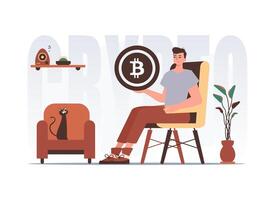 Cryptocurrency concept. The guy sits in a chair and holds a bitcoin in his hands. Character with a modern style. vector