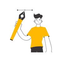 The designer guy holds a pen tool for 2D graphics in his hand. Linear trendy style. Isolated. Previous illustration. vector