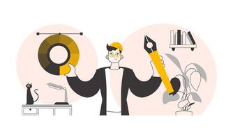 The designer guy holds a color wheel in his hands. Linear trendy style. . vector