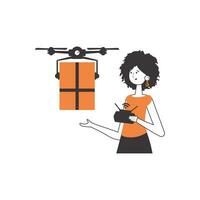 The girl delivers the package by drone. Air delivery concept. Linear modern style. Isolated on white background. Vector illustration.