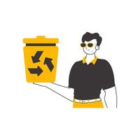 The guy is holding a trash can. Waste recycling concept. Lineart style. Isolated on white background. illustration. vector