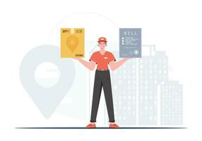 Home products. Food delivery. The male courier is holding a box and a check. trendy style. Vector. vector