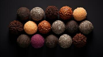 Generative AI, Chocolate candy balls, close up traditional Brazilian brigadeiro photo