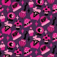 Seamless pattern in pink and black colors for Halloween. Witch, hat, broom, glass ball, fly agaric, marble slab, candle on purple background vector illustration in cartoon style. packaging, party