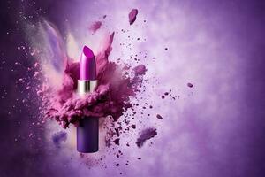 Generative AI, Purple lipstick, powder splashes and smoke on purple background. photo