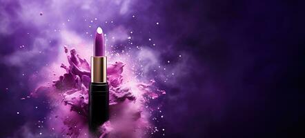 Generative AI, Purple lipstick, powder splashes and smoke on purple background. photo