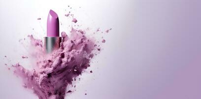 Generative AI, Purple lipstick, powder splashes and smoke on purple background. photo