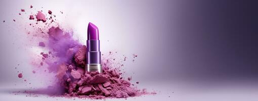 Generative AI, Purple lipstick, powder splashes and smoke on purple background. photo