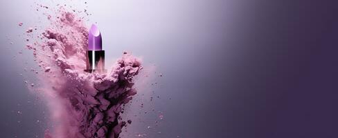 Generative AI, Purple lipstick, powder splashes and smoke on purple background. photo