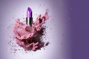 Generative AI, Purple lipstick, powder splashes and smoke on purple background. photo