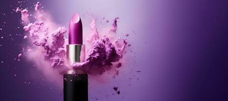 Generative AI, Purple lipstick, powder splashes and smoke on purple background. photo