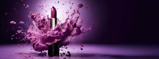 Generative AI, Purple lipstick, powder splashes and smoke on purple background. photo