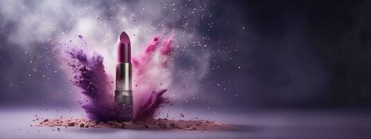 Generative AI, Purple lipstick, powder splashes and smoke on purple background. photo