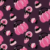 Seamless pattern in pink and black colors for Halloween. Various candies and a pumpkin basket for sweets on a dark background vector illustration in cartoon style. Holiday packaging, party texture