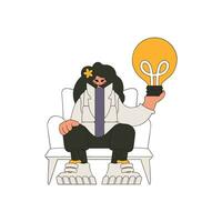 Refined girl holds a light bulb in her hands. Idea theme. vector