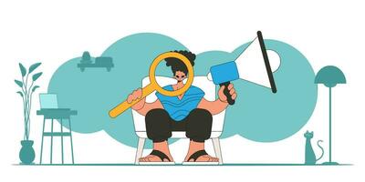 Stylized vector illustration of a HR representative. Stylish man sits in a chair and holds a megaphone.