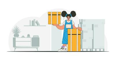 Charming woman holding boxes in her hands. A visual representation of the shipment of deliveries and freight vector