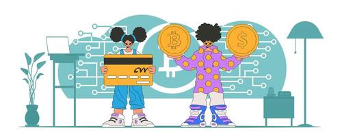 The concept of managing interaction with digital monetary assets. A team of people interact with crypto assets. vector