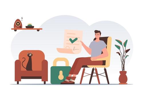 Smart contract concept. Data protection. A man sits in a chair and holds a document in his hands. Trend style character. vector