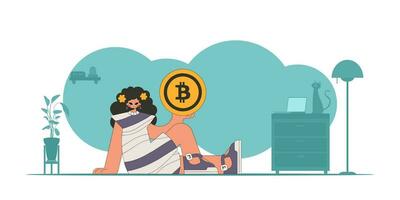The girl is holding a bitcoin coin. Cryptocurrency concept. vector