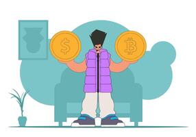 A man holds a dollar and a bitcoin in his hands. Theme of interaction with digital monetary assets. vector