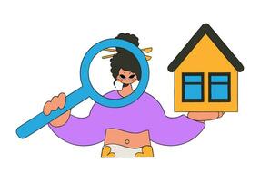 un mujer corredor de bienes raíces es participación un casa y un aumentador vaso. casa propiedad. vector