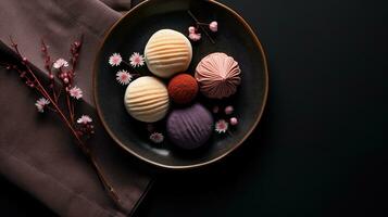 generativo ai, japonés tradicional confitería pastel wagashi, varios tipos de dulces foto