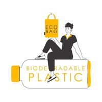 The guy is holding an eco package in his hands. The concept of ecological bags and plastic. Linear modern style. vector