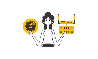 The girl is holding the internet of things logo in her hands. Linear modern style. Isolated. Vector illustration.