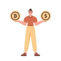 A man holds a coin of bitcoin and dollar in his hands. Character in trendy style. vector