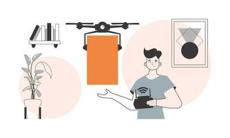 A man sends a package with a drone. Drone delivery concept. Linear trendy style. vector