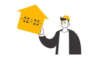 The guy holds the IOT logo in his hands. Linear modern style. Isolated. . vector