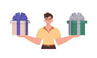 A man holds a gift in his hands. Modern flat colorful vector illustration.