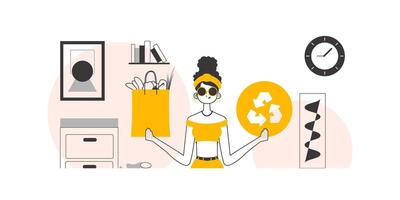 The concept of reasonable consumption. Girl, package with products and eco logo. Lineart style. vector