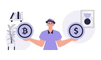 Cryptocurrency concept. A man holds a bitcoin and a dollar in his hands. Character with a modern style. vector