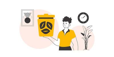 The guy is holding a trash can. The concept of recycling plastic and waste. Linear modern style. vector