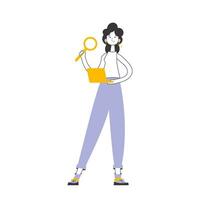 The girl holds a magnifying glass and a laptop in her hands. Job Search Theme. H.R. Linear trendy style. Isolated. Vector. vector