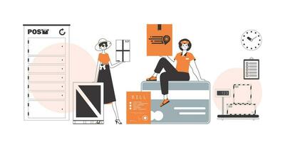 Girl and guy delivers cargo and parcels. Linear modern style. vector