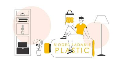 el concepto de ecológico pantalones y el plastico. el chico es participación un eco paquete en su manos. lineal moderno estilo. vector