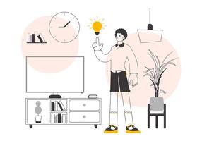 Man and light bulb. Idea concept. Vector illustration. Linear trendy style.