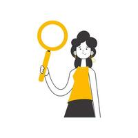 The girl is holding a magnifying glass in her hands. Search concept. Lines modern style. Isolated on white background. Vector illustration.