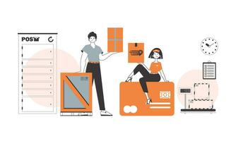 Guy and girl delivers cargo and parcels. Linear trendy style. vector