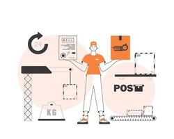 A man holds a parcel and a check in his hands. Parcel delivery concept. Linear style. vector