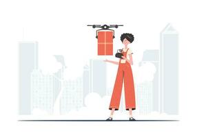 A woman controls a drone with a parcel. Delivery theme. Flat modern design. Vector. vector