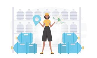 Girl water delivery operator holding a map. The character is depicted in full growth. . vector