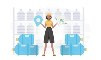 Girl water delivery operator holding a map. The character is depicted in full growth. Vector. vector