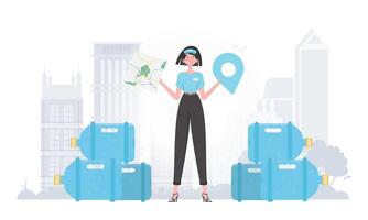 Girl water delivery operator holding a map. The character is depicted in full growth. . vector